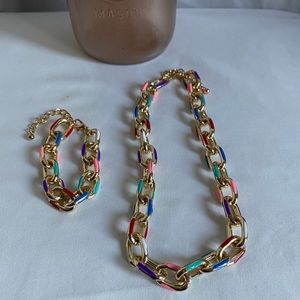 Matching chain link colourful necklace and bracelet set